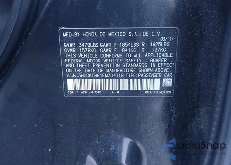 2015 Honda Fit Ex/Ex-L из США, поврежденный, VIN 3HGGK5H81FM704019